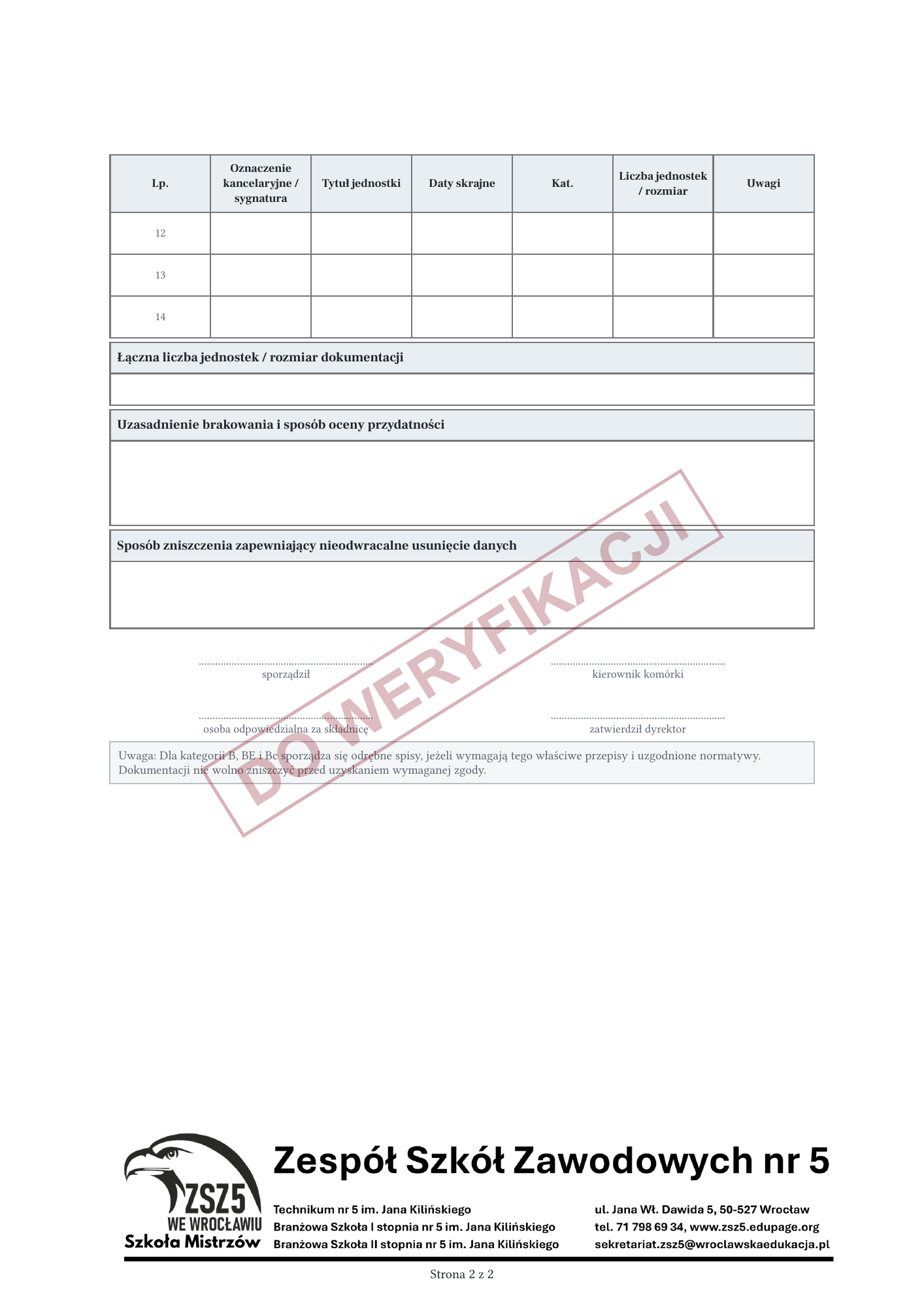 Spis dokumentacji niearchiwalnej przeznaczonej do brakowania - podgląd strony 2 z 2