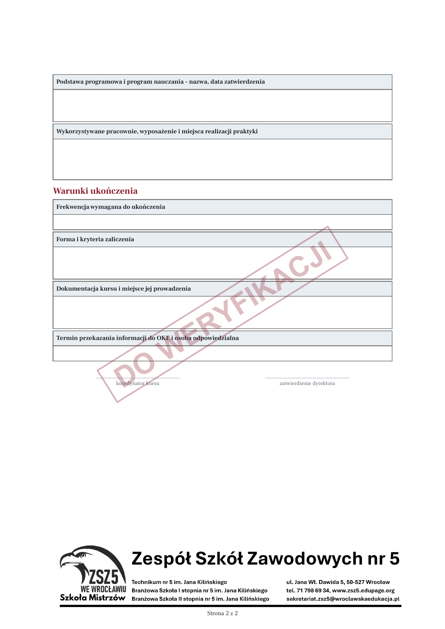Karta kwalifikacyjnego kursu zawodowego - podgląd strony 2 z 2